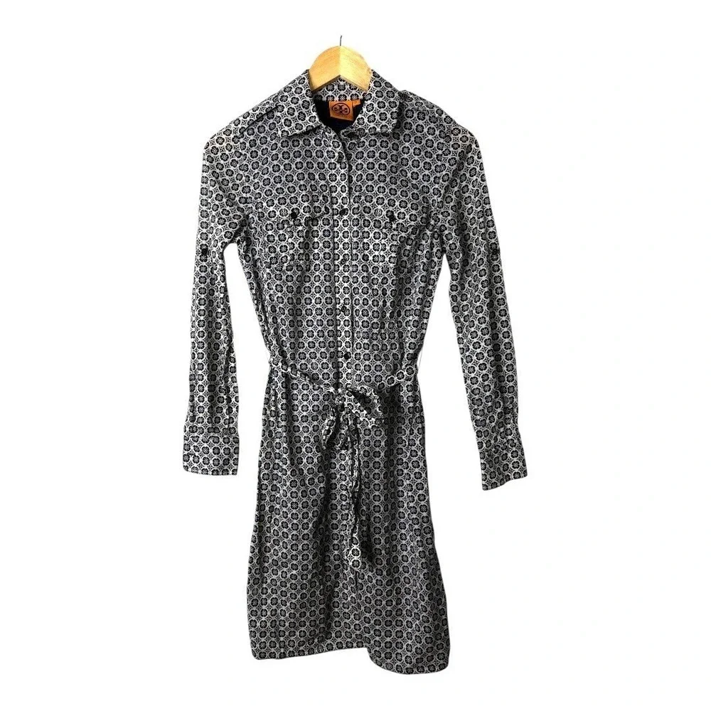 Tory Burch Cotton Shirt Dress Size 2 Geometric Print Roll Tab Sleeve Belted Mini